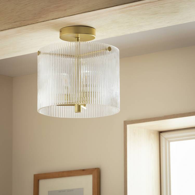 Habitat Ribbed Glass Jar Flush Ceiling Light - Brass 0