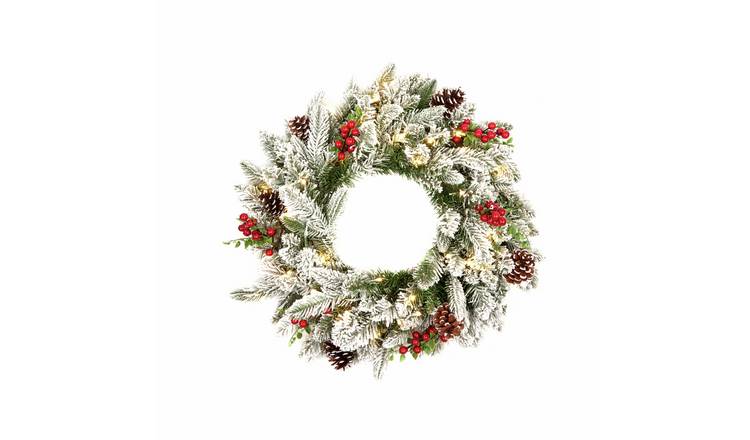 Premier 60cm  Prelit Snowberry Pine 50 LED Christmas Wreath