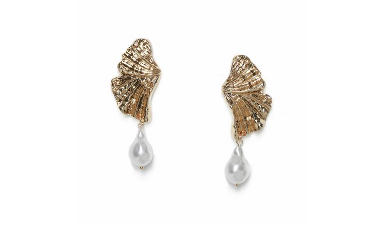 Freedom Gold Petal Hanging Faux Pearl Drop Stud Earrings