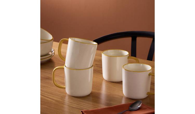 Argos Home Mustard Rim Pack of 4 Stoneware Mugs - Off White