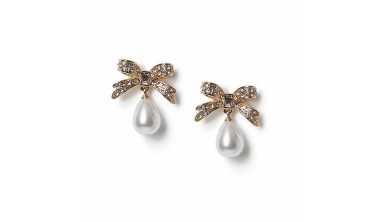 Freedom Gold Rhinestone Bow and Pearl Drop Earrings
