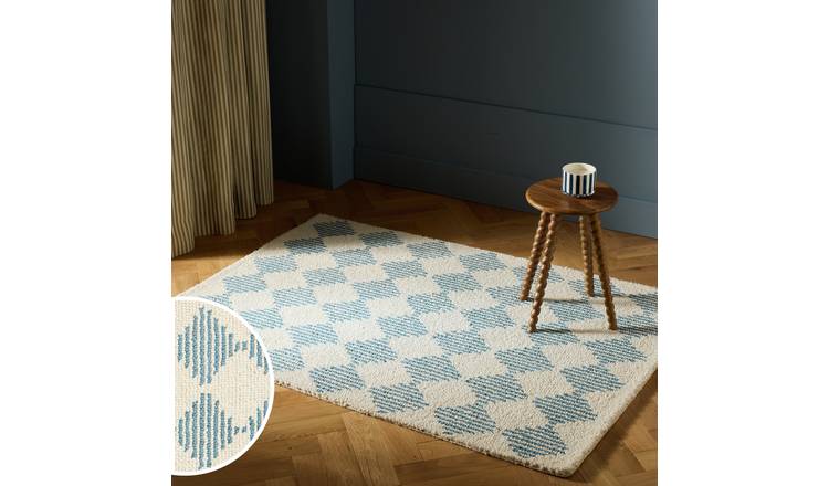 Habitat Blue Diamond Tufted Cream Wool Rug - 160x230cm
