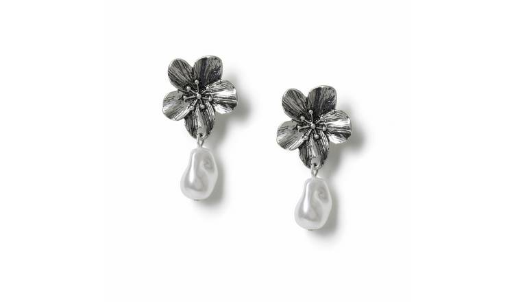 Freedom Silver Flower Pearl Drop Earrings