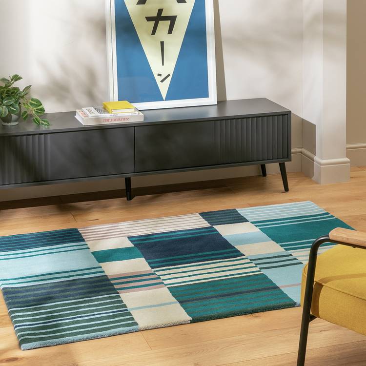 Habitat Broken Stripe Blue Wool Cut Pile Rug - 230x160cm 0