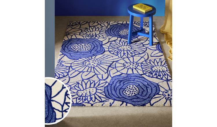 Habitat Scandi Floral Blue Wool Cut Pile Rug - 160x230cm