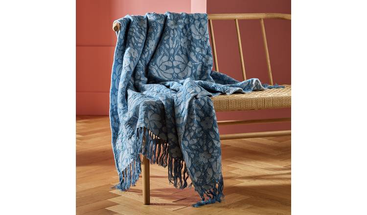 Habitat Folk Floral Throw - Blue - 150x125cm