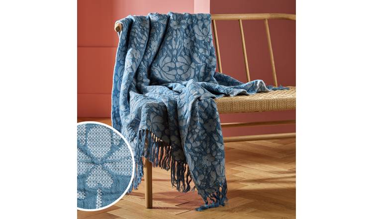 Habitat Folk Floral Throw - Blue - 150x125cm