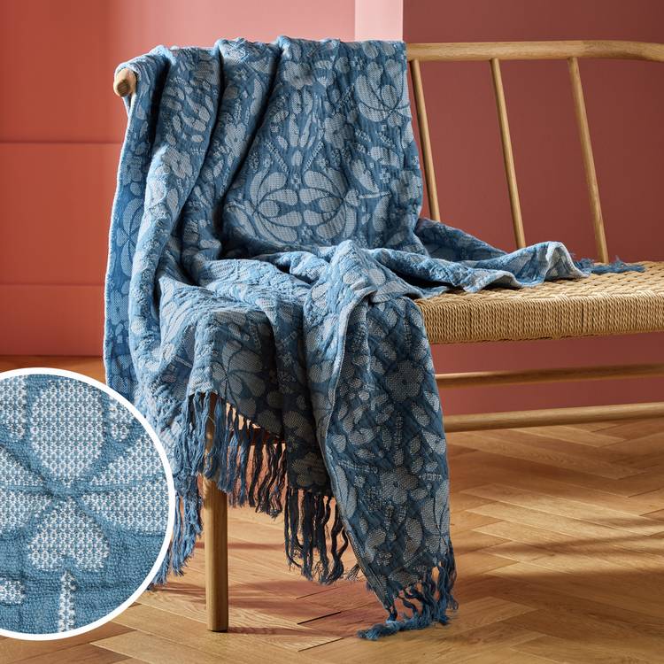 Habitat Folk Floral Throw - Blue - 150x125cm 0