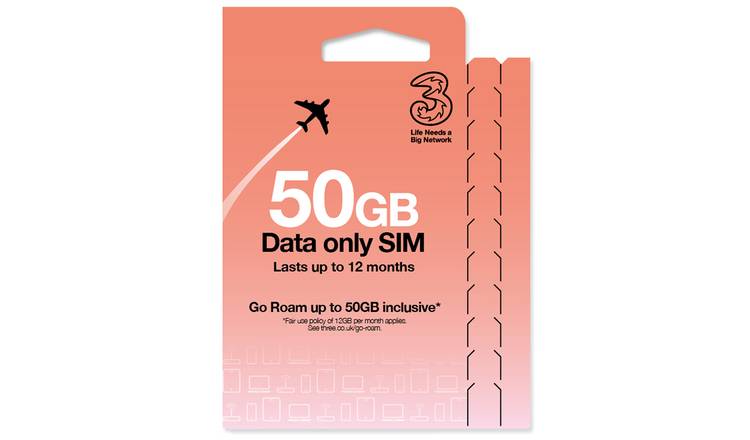 Three 50GB Pay As You Go Data SIM Card