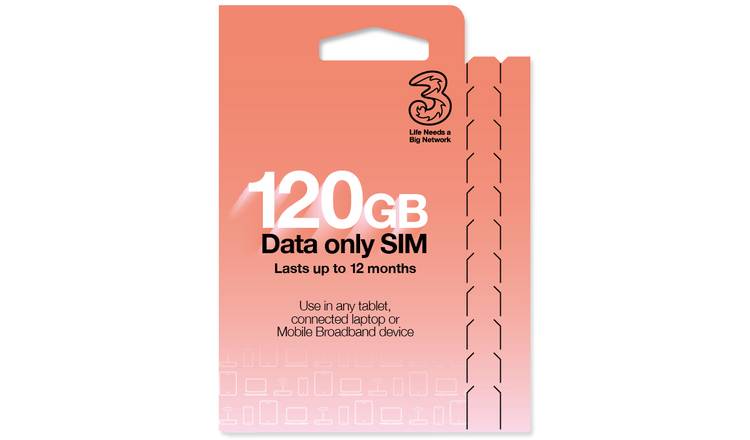 Three 120GB Pay As You Go Data SIM Card