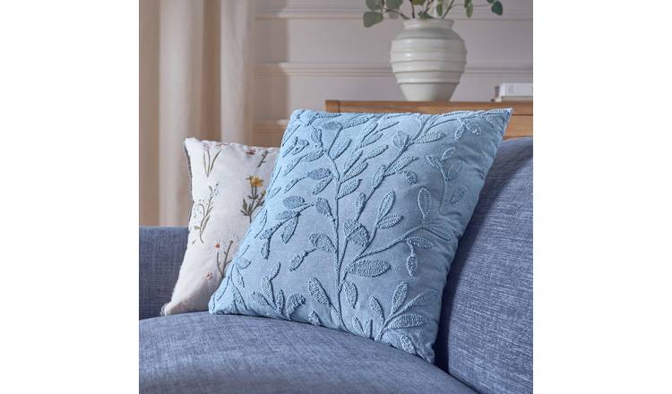 Argos Home Leaf Embroidery Cushion Blue - 50x50cm