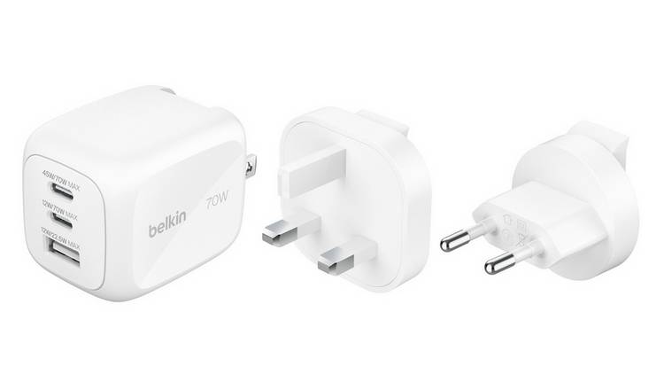 Belkin 3-Port 70W GaN Wall Charger with Plug Tips - White