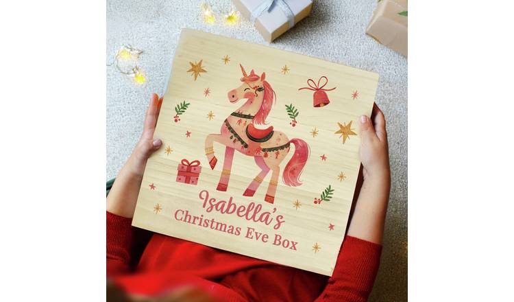 Personalised Pink Unicorn Wooden Christmas Eve Box
