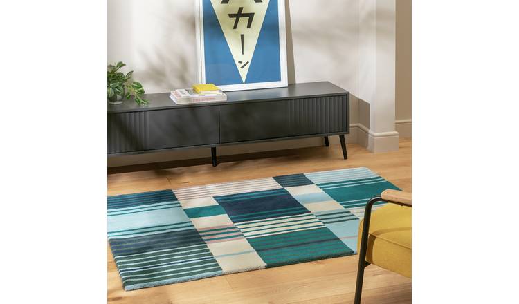 Habitat Broken Stripe Blue Wool Cut Pile Rug - 170x120cm