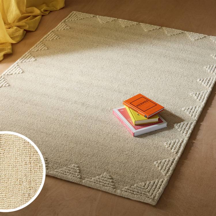 Habitat Diamond Border Beige Wool Rug - 120x170cm 0