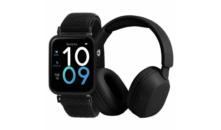 Tikkers Kids Black Smart Watch And Over-Ear Headphone Set