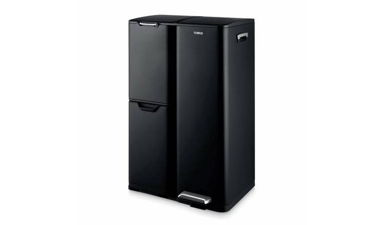 Tower 60L Three Compartment Recycling Pedal Bin - Black