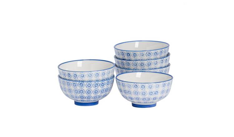 Nicola Spring Hand-Printed Rice Bowls - Navy - Pack of 6