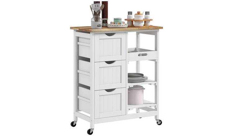 HOMCOM Rolling Kitchen Island Cart with Wood Top - White