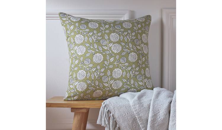 Argos Home Woodblock Floral Cushion Olive - 43x43cm