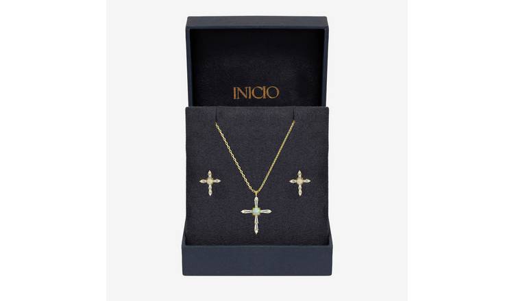 Inicio 14K Gold Plated Cubic Zirconia Opal Cross Set