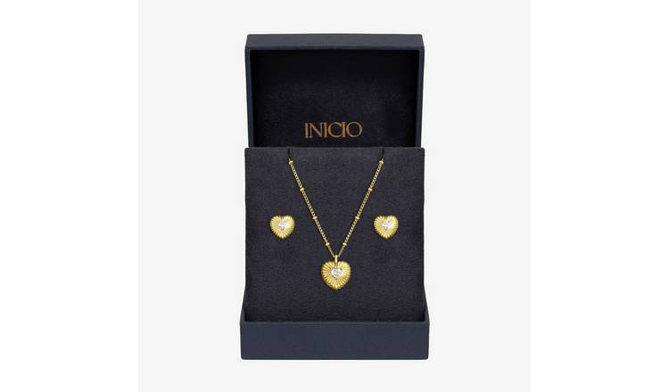 Inicio Gold Plated Ridged Heart Pendant and Earring Set
