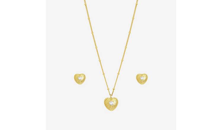 Inicio Gold Plated Ridged Heart Pendant and Earring Set