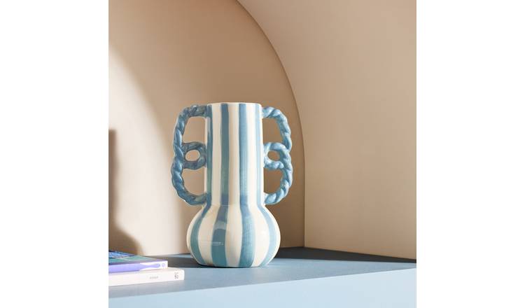 Habitat Stripe Ceramic Blue Vase with Wavy Handles