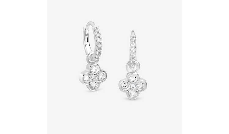Simply Silver Cubic Zirconia Clover Charm Hoops Earrings