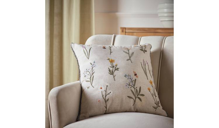 Argos Home Floral Stems Embroidered Cushion Beige - 43x43cm