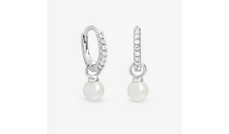 Simply Silver Cubic Zirconia Pave Pearl Hoop Earrings