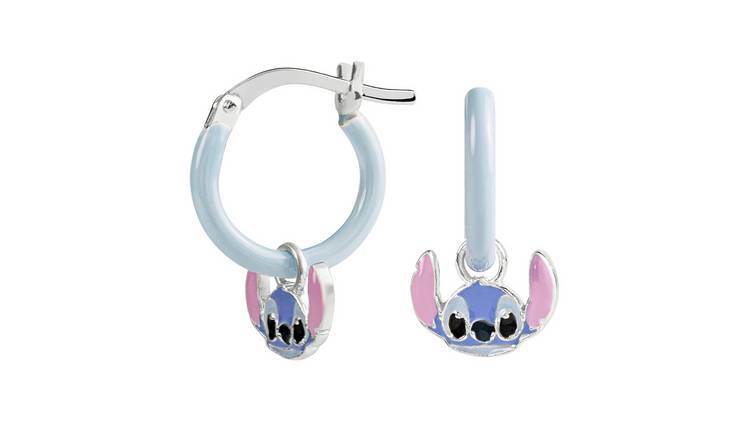 Disney Sterling Silver Stitch Enamel Charm Hoop Earrings