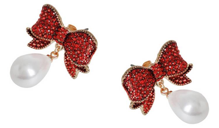 Liars & Lovers Red Bow Pearl Drop Stud Earrings