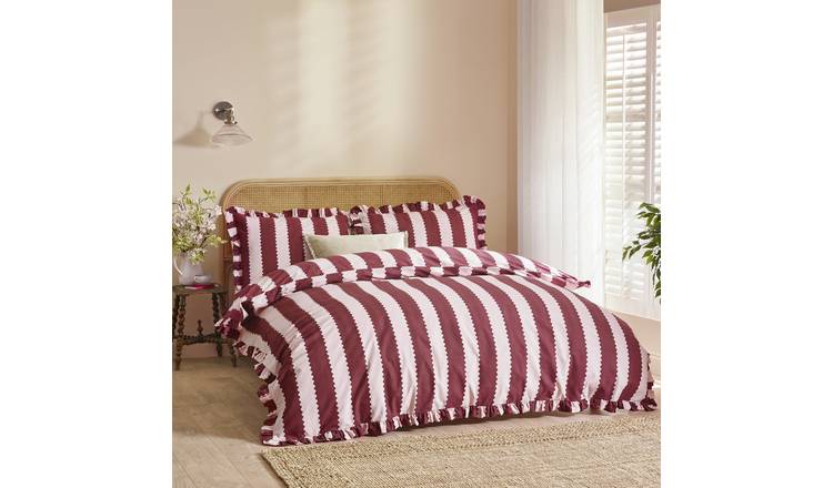 Wylder Birdie Stripe Ruffle Burgundy Bedding Set - Superking