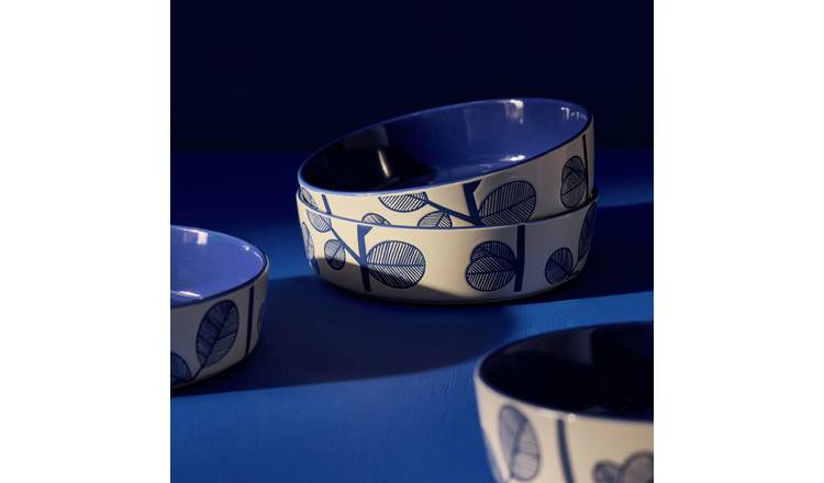 Habitat Blue Leaf 4 Piece Stoneware Pasta Bowls - Blue