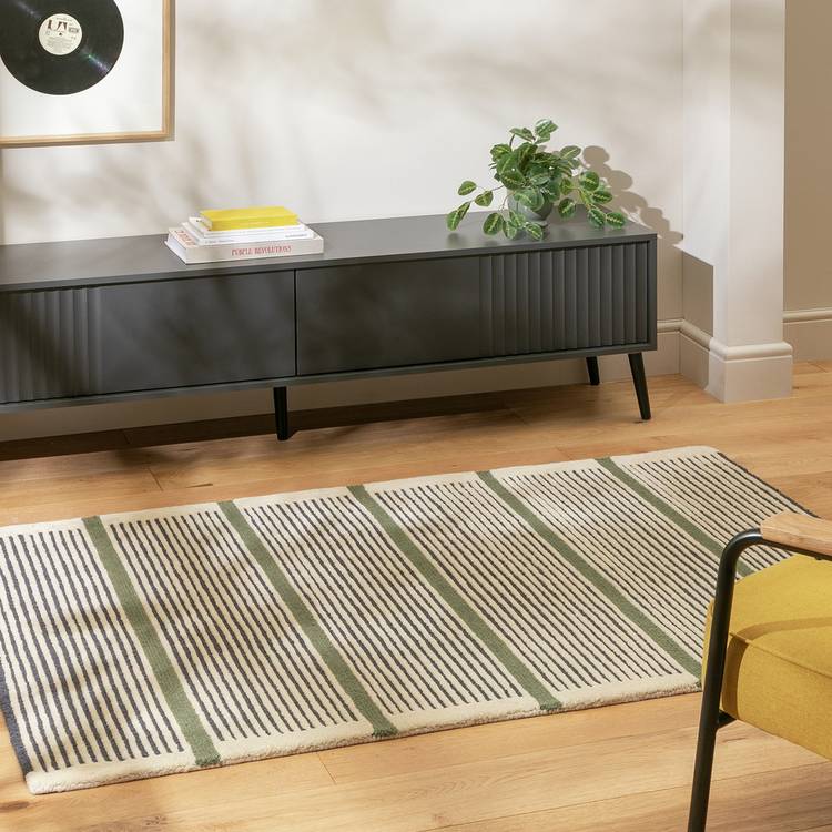 Habitat Industrial Stripe Green Cut Pile Rug - 170x120cm 0