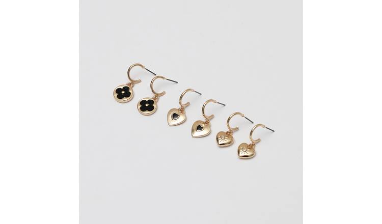 Lipsy Gold Jet Heart & Clover Huggie Charm Earrings Set 