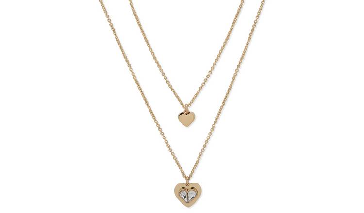 DKNY Yellow Gold Crystal Heart Double Row Pendant