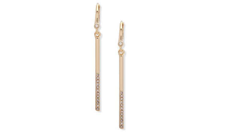 DKNY Gold Tone Half Pave Linear Drop Earrings