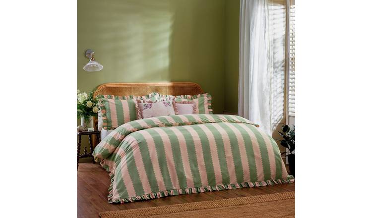 Wylder Birdie Stripe Ruffle Pink Bedding Set - Superking