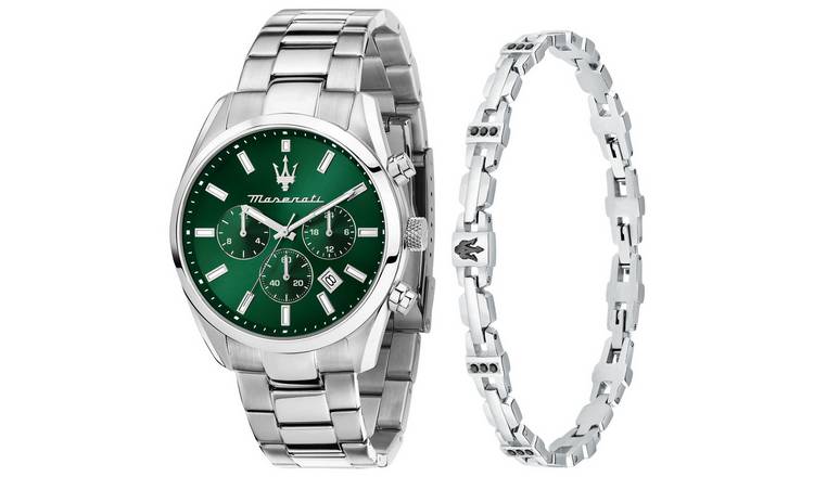 Maserati Green Dial Silver Stainless Steel Back Watch Set