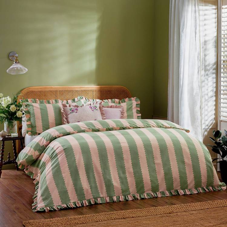 Wylder Birdie Stripe Ruffle Pink Bedding Set - Double 0