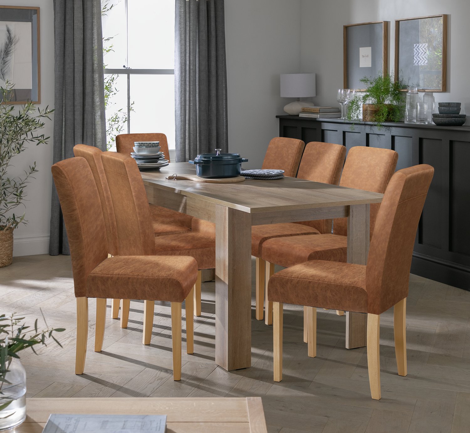 Argos Home Miami Extending Oak Dining Table & 6 Tan Chairs