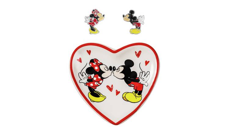 Disney Mickey and Minnie Mouse Earrings and Trinket Tray Set