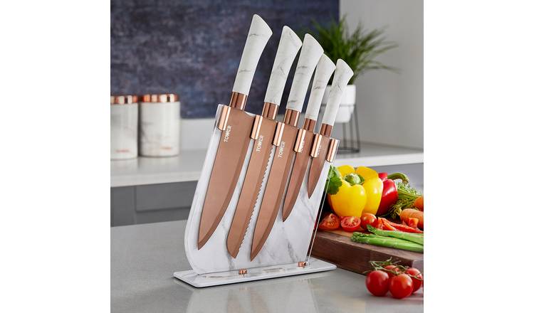 TOWER Damascus Effect Kitchen Knife Set with Stainless Steel Blades and  Acrylic Stand, 5 Piece, Mirror Black 5 Piece