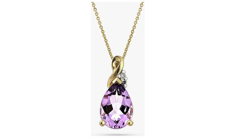 Revere 9ct Yellow Gold Amethyst Diamond Pendant Necklace