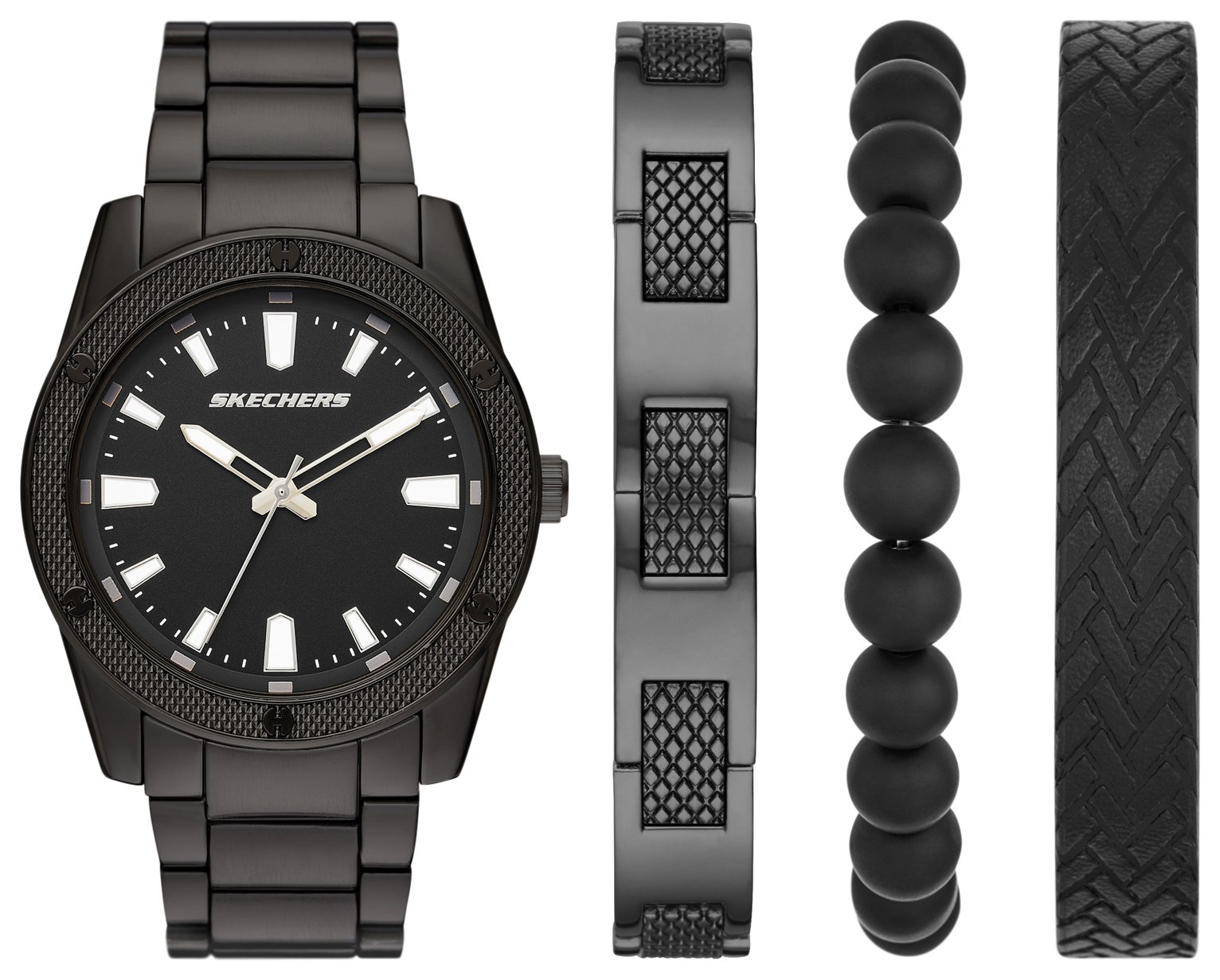 Skechers Mens Black-Tone Watch with Knurling Bracelet Set