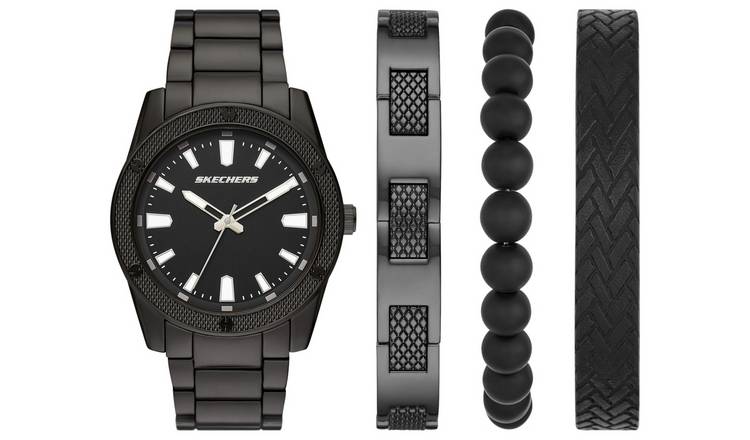 Skechers Mens Black-Tone Watch with Knurling Bracelet Set