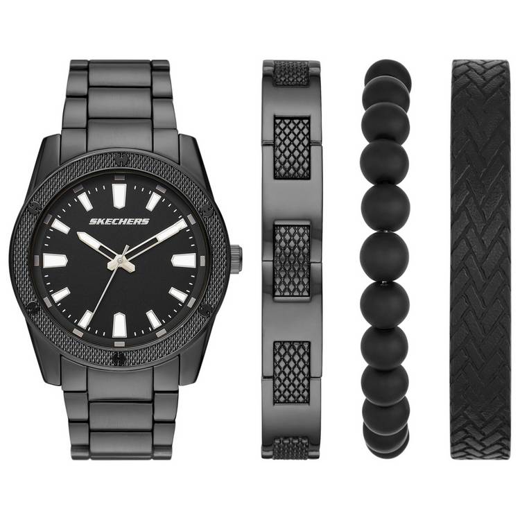 Skechers Mens Black-Tone Watch with Knurling Bracelet Set 0