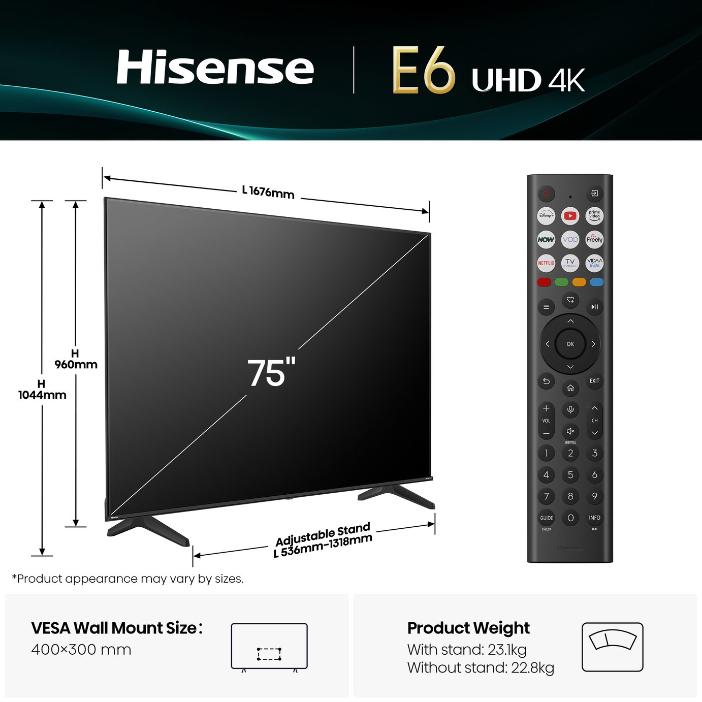 Buy Hisense 75 Inch 75E6QTUK Smart 4K UHD HDR LED Freely TV